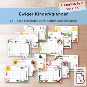 Könnte beinhalten: Eine Sammlung illustrierter ewiger Kalender, jeder repräsentiert einen Monat mit Aquarell-Illustrationen. Die Kalender zeigen saisonale Bilder, darunter Blumen, Schmetterlinge und Naturszenen. Der Text lautet "Ewiger Kinderkalender" und "digitaler Download".