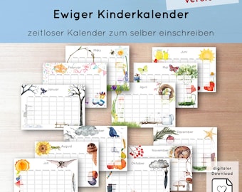 Puede incluir: Una colección de calendarios perpetuos ilustrados, cada uno representando un mes con ilustraciones al estilo acuarela. Los calendarios presentan imágenes estacionales, incluyendo flores, mariposas y escenas de la naturaleza. El texto dice "Ewiger Kinderkalender".
