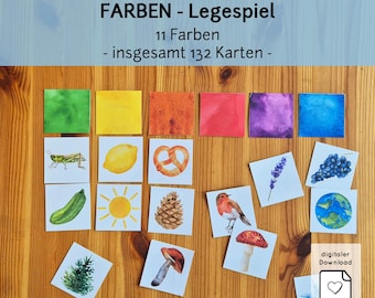 May include: A wooden table displays a color matching game with 11 colors and 132 cards. Each color has a corresponding image, including a grasshopper, lemon, pretzel, and mushroom. The game is a digital download.