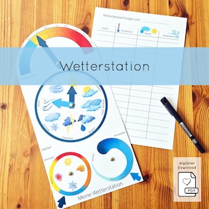 Puede incluir: Un conjunto educativo de estación meteorológica con un termómetro, una rueda meteorológica y una tabla de observación. El conjunto incluye una rueda con símbolos meteorológicos, una rueda estacional y un indicador de fuerza del viento. El texto "Wetterstation" se muestra.