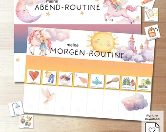 May include: Two colourful children's routine charts with the text "meine ABEND-ROUTINE" and "meine MORGEN-ROUTINE". The charts feature illustrations of a unicorn, a sun, a moon, and various activity icons. Includes digital download PDF icon.