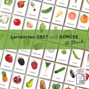 Könnte beinhalten: Lernkarten mit Aquarell-Illustrationen von Obst und Gemüse, darunter eine Erdbeere, Zucchini und Banane. Die Karten sind auf Deutsch beschriftet mit dem Text "Lernkarten OBST und GEMÜSE 60 Stück".