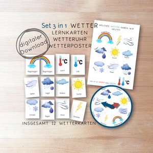 Seit 3in1 Wetter Kinder PDF Montessori / Lernkarten Wetterkarten Poster Flash cards Wetteruhr Bilder Karten/ digitaler download druckbar DIY