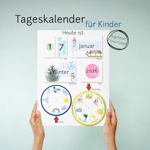 Daily calendar for children with picture cards, time, days, months, days of the week, years, learning, kindergarten, school, children's calendar, PDF A4 download, morning circle