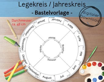 Annual cycle PDF craft template, laying circle 4 seasons months days festivals, seasonal clock according to Waldorf/Montessori for children, daycare school