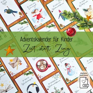 May include: A collection of illustrated Advent calendar cards for children, featuring watercolor images of winter scenes, a bird, and a snowman. The text on the cards reads "Advent calendar for children, time instead of things."