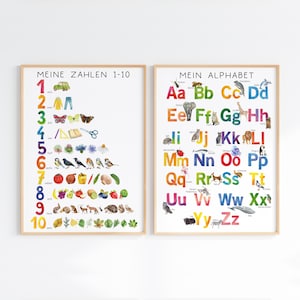 Poster Zahlen ABC Kinder Bild DRUCK, Zählen bis 10 lernen mit Bildern, Montessori Waldorf inspiriert, Alphabet Zahlen Lernposter mit Tieren