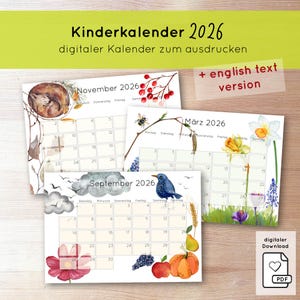 Könnte beinhalten: Druckbare Kalender 2026 mit Aquarellillustrationen. Die Kalender zeigen Monate wie November, März und September, mit Naturmotiven wie einem Fuchs, einer Biene und einem Vogel. Der Text "Kinderkalender 2026" steht oben.