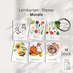 Può includere: Un set di 12 carte educative intitolate Lernkarten - Thema: - Monate -. Le carte presentano illustrazioni ad acquerello per i mesi, tra cui gennaio con un pupazzo di neve, marzo con fiori primaverili, giugno con verdure, agosto con girasoli, settembre con prodotti del raccolto e novembre con un animale che dorme.