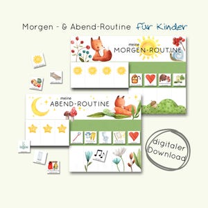 Könnte beinhalten: Illustrierte Morgen- und Abendroutine-Charts für Kinder mit Fuchs, Sonne, Mond und verschiedenen Aktivitäts-Symbolen. Der Text "Morgen & Abend-Routine für Kinder" steht oben, mit "digitaler Download" in einem Kreis.