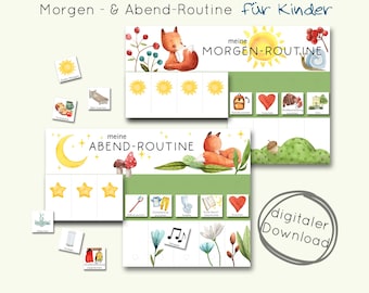 May include: A set of illustrated morning and evening routine charts for children, featuring a fox, sun, moon, and various activity icons. The text "Morgen & Abend-Routine für Kinder" is at the top, with "digitaler Download" in a circle.