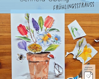 Flower Bouquet Craft PDF for Children – Learning to Cut and Glue Template with Spring Flowers, Early Bloomers, Educational Material for Montessori Kindergarten and School