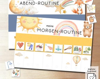 May include: Watercolor-style printable morning and evening routine charts. The "Abend-Routine" chart features a moon, clouds, and a fox. The "Morgen-Routine" chart includes a sun, rainbow, bear, and illustrated activity icons. Digital download.