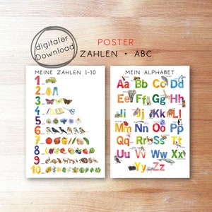 Set: Póster números ABC infantil con imágenes PDF, aprender a contar hasta 10 con imágenes, Póster aprendizaje de los números del abecedario Montessori, descarga digital imprimible