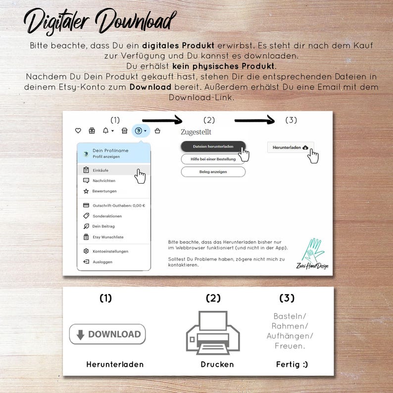 Pode incluir: Um guia de download digital com instru&ccedil;&otilde;es sobre como baixar um produto digital do Etsy. O guia inclui capturas de tela e etapas para baixar, imprimir e aproveitar o produto. O texto inclui "Digitaler Download" e "Download".