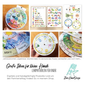Etsy ZweiHandDesign Werbebild mit Jahreszeitenuhr Poster ABC Alphabet Zahlen mit Tieren und Pflanzen, Tageskalender fuer Kinder mit Tagen Monaten Jahreszeiten Wochentagen Wetter Datum, Legekreis, Wochenrad Jahresuhr, Tageskalender Dauerkalender Kinderkalender, Lehrmaterialen fuer Eltern Erzieher Lehrer, fuer Kita Kindergarten Schule Vorschule Zuhause, spielerisch lernen, Waldorf und Montessori inspiriert, handgefertigte Produkte digitale download pdf vorlagen druckbar Druckvorlage bastelvorlage