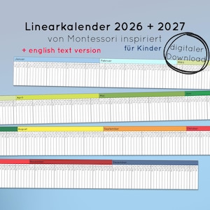 May include: A linear calendar for 2026 and 2027 featuring months labeled in German with an English text version option. The design includes color-coded monthly sections with numbered days and days of the week, marked as a digital download.