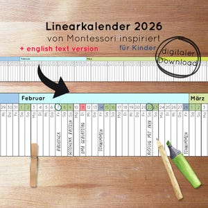 Calendario infantil 2026 en PDF para niños: aprendizaje de días, meses y años. Plantilla descargable de calendario lineal Montessori para jardín de infancia, preescolar y primaria.