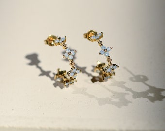 Ivy Flower Hoop Earrings by CharmJewelCo, Light Blue Stone Hoop Earrings, Handmade Everyday Boho Jewelry, Birthday Gift