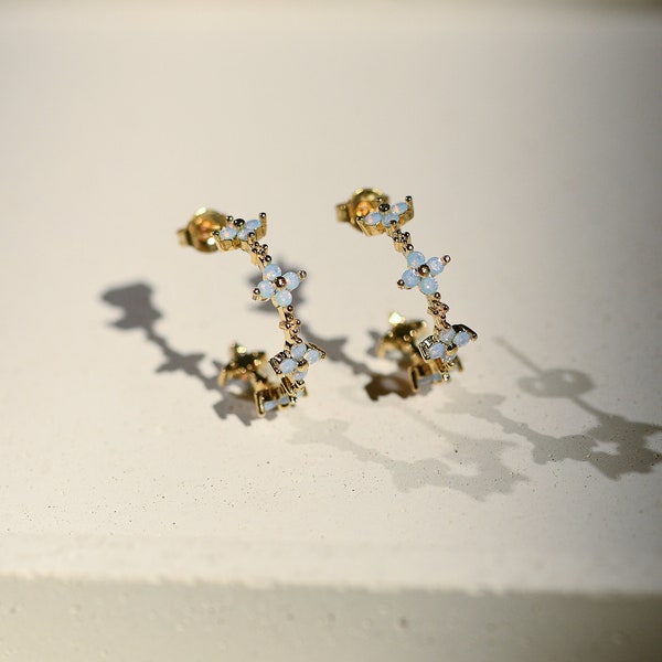 Ivy Flower Hoop Earrings by CharmJewelCo, Light Blue Stone Hoop Earrings, Handmade Everyday Boho Jewelry, Birthday Gift