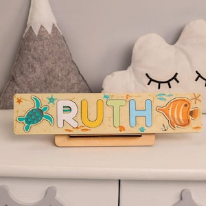 Rompecabezas con nombre de vida marina para niños, letrero con nombre de bebé personalizado, juguete educativo Montessori para niños pequeños, tablero de aprendizaje de nombres, regalo de primer cumpleaños