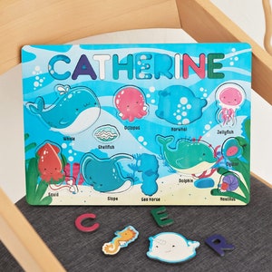 Rompecabezas de animales marinos para bebés, letrero de madera personalizado, baby shower con temática marina, juguetes sensoriales Montessori, decoración de guardería oceánica, regalo para bebé