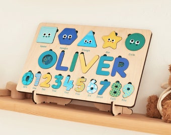 Wooden Busy Board, Name Puzzle with Numbers and Shapes Personalized Kids Gift, 2 Year Old Gift, 1st Birthday Gift