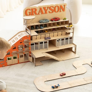 Personalized Toy Car Garage Storage, 6-Levels Car Parking Playset with Ramp, Custom Wooden Toy for Boys, Toddler Boy Birthday Gift