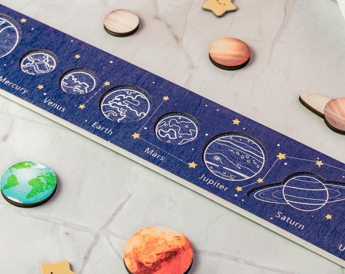 Wooden Solar System Puzzle Board, Planet Brain Teaser, Montessori Space Toy for Kids, Educational Gift
