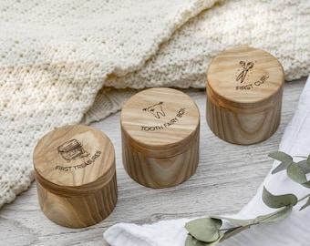 Wooden Memory Boxes for First Tooth and Curl, Custom Baby Keepsake Box Set, Christening and Baby Shower Gift