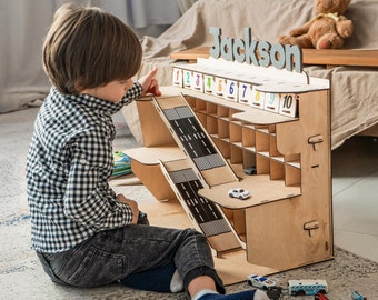 Wooden Car Garage for Kids, Personalized Parking Toy with Ramps, Birthday Gift for Boys