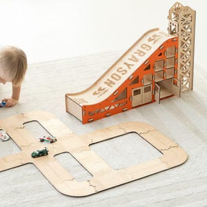Custom Playset for Boys, Jump Ramp with Toy Car Garage Wooden Track & Elevator, Gift for Grandson, Toddler Preschool Toy, 4th Birthday Gift