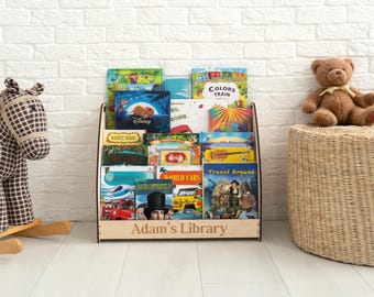 Personalized Kids Bookshelf Wooden Montessori Book Rack, Nursery Book Organizer, Toddler Book Storage Shelf, Kids Library Furniture