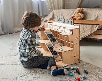 Wooden Toy Car Garage for Boys, Name Nursery Organizer, Parking Garage Ramp, Car Storage Display, Montessori Activity Toys