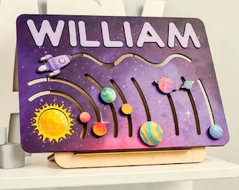 Wooden Solar System Puzzle Board, Montessori Educational Toy, Personalized Space Name Puzzle, Custom Kids Name Puzzle, Gift for 4 Year Old,