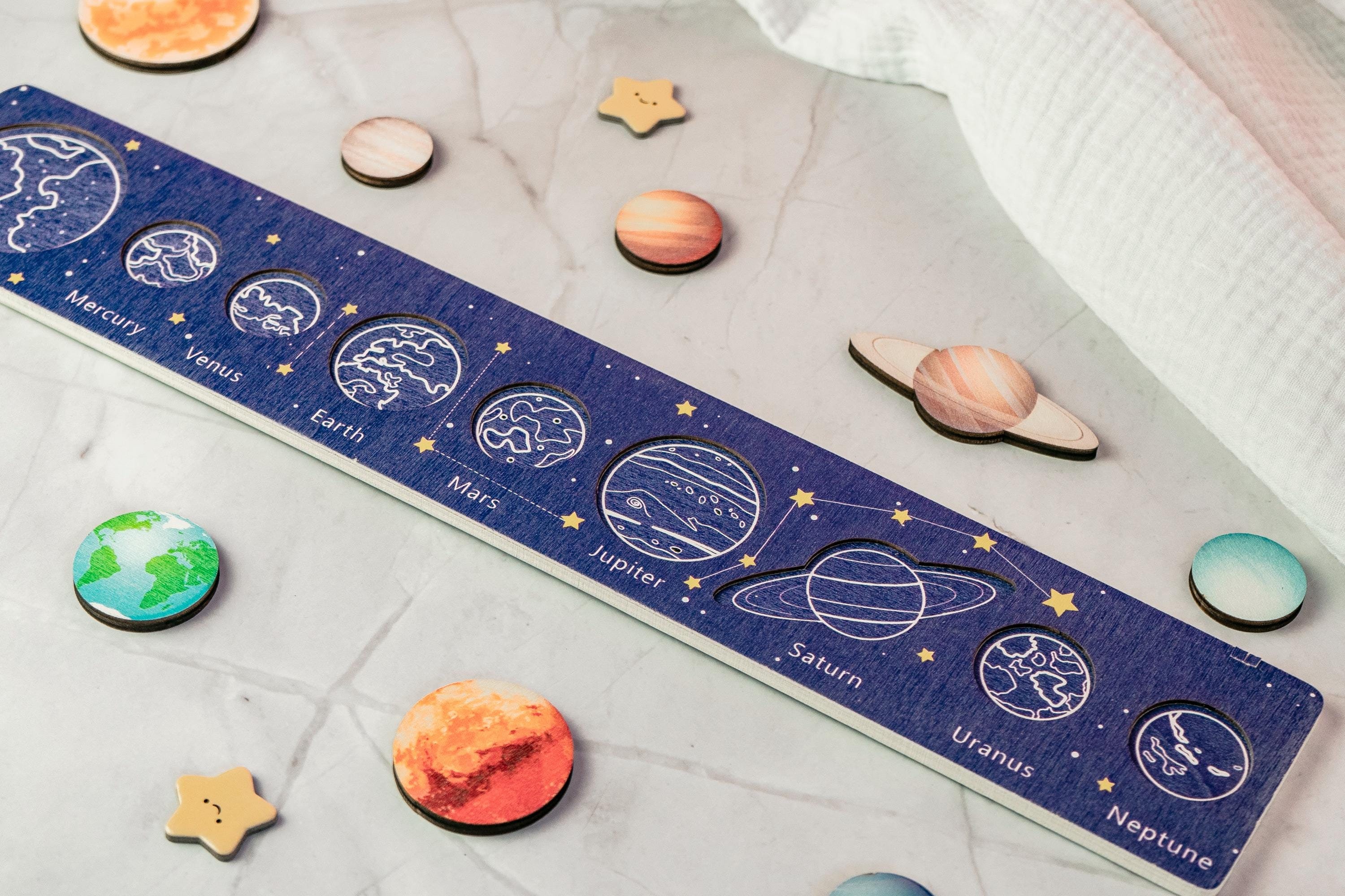 Wooden Solar System Puzzle Board, Planet Brain Teaser, Montessori
