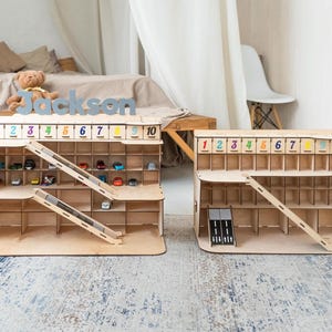 Name Toy Garage for Little Boys, Custom Wooden Toy Car Storage, Montessori Toy Parking Garage, Toddler Grandson Gift, 4th Birthday Gift Boy