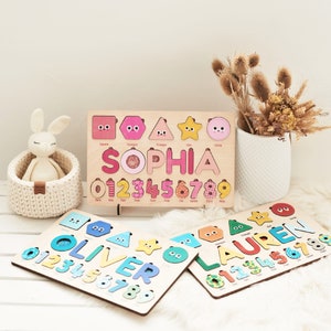 Personalized Name Puzzle, Montessori Baby Toy, Custom Wooden Puzzle with Shapes and Numbers, Learning Gift for Toddler, 1st Birthday Gift