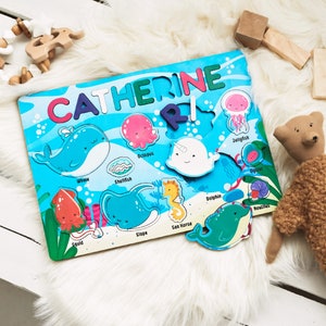 Tablero de nombres para bebés de Sea World, rompecabezas náutico de madera, regalo de Ocean Shower, tablero de aprendizaje, juguetes Montessori, regalo de cumpleaños para niños y niñas