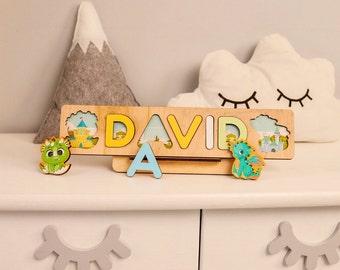Wooden Letter Puzzle for Toddler, Dragon Baby Name Sign, Wood Child Name Puzzle, Custom Toddler Name Puzzle for One Year Old, Name Board
