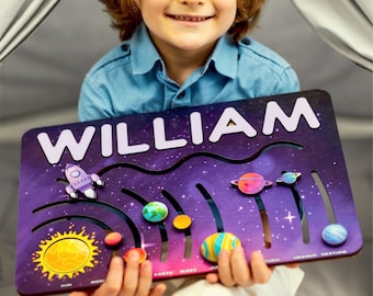Custom Solar System Name Puzzle, Space Name Puzzle Board, Kids Planet Learning Toy, Montessori Space Puzzle, Rocket Planet Toddler Gift