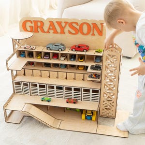 Name Garage Toy for Boys, Wooden Parking Garage for Car Toy, Custom Jump Ramp, Development Montessori Toy, 3rd Birthday Gift for Son, Nephew