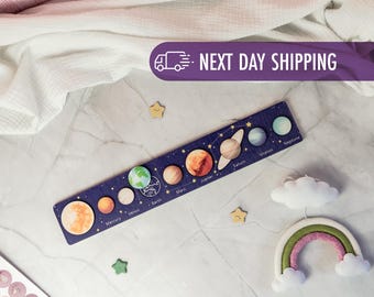Solar System Learning Toy, Early Astronomy Puzzle, Educational Activity for Toddlers, Montessori Wooden Space Board, Kids Planet Playset