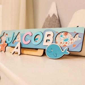 Lindo rompecabezas con nombre de océano para niños pequeños, letrero de madera para guardería, rompecabezas para bebé con nombre, juguete Montessori de aprendizaje para niños, regalo para el primer cumpleaños