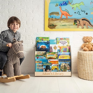 Custom Kids Wooden Bookcase with Name, Montessori Bookshelf for Toddler, Kids Playroom Organizer, Toddler Library Gift, Nursery Furniture