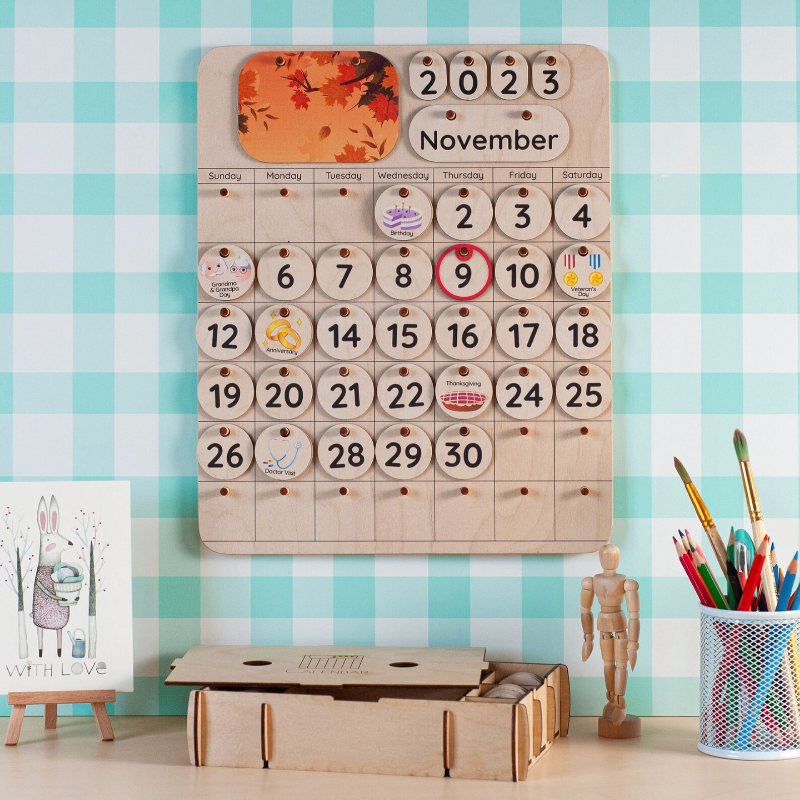 Preschoo Wood Learning Educational Calendar, Kids Learning Educational