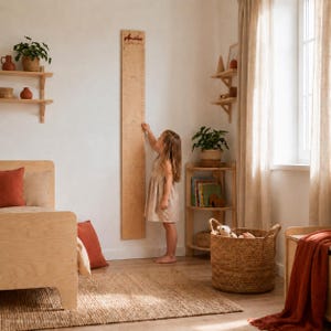 Puede incluir: Un medidor de altura de madera clara de forma rectangular montado en la pared. El medidor presenta marcas de medición grabadas y el nombre Amelia escrito en letra cursiva en la parte superior. La madera tiene un acabado natural.
