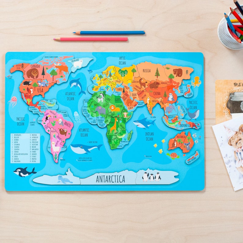 Wooden Montessori Puzzle World Map Puzzle for Kids World Map - Etsy