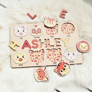 Rompecabezas de madera con nombres de animales, juguete para niños pequeños, tablero de actividades personalizado, juguete de aprendizaje Montessori, rompecabezas personalizado con nombres de bebé.