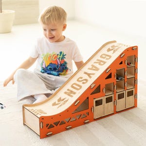 Custom Toy Car Jump Ramp, Wood Car Garage, Wooden Race Car Track, Toy Play Set for Toddler Boy, Montessori Toy Road, Boy 5th Birthday Gift